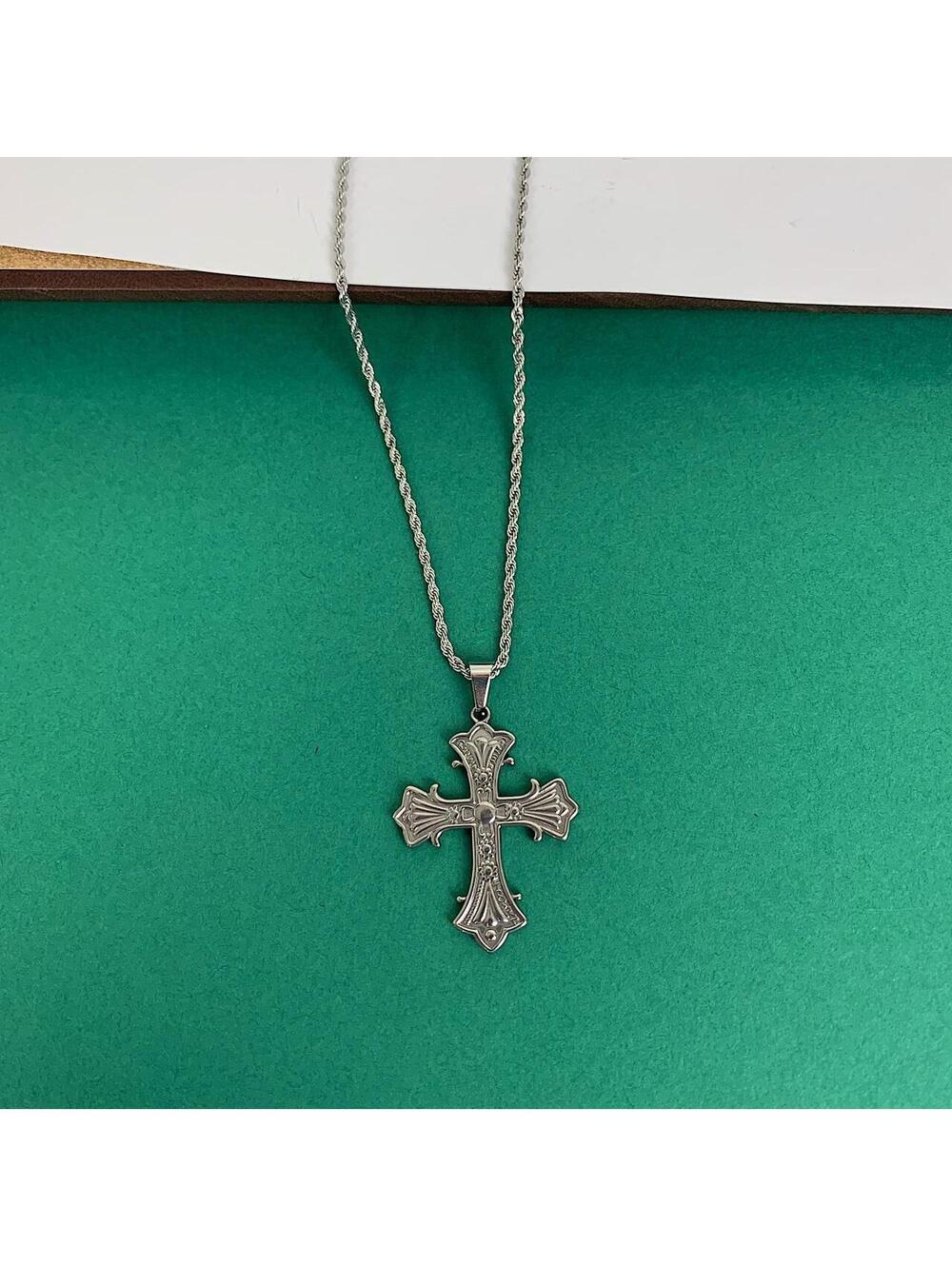 Stainless steel y2k style gothic silver cross pendant necklace. 20 inches - Picture 2 of 8